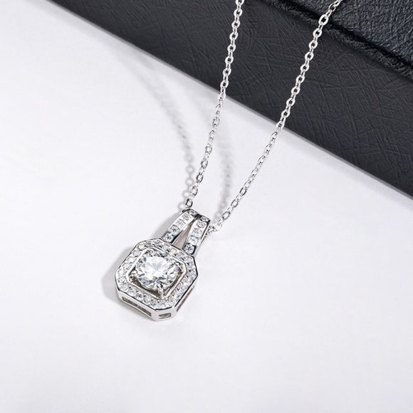 Certified 1ct. t.w. Moissanite Diamond Square Halo Pendant Necklace NEW - Picture 9 of 15